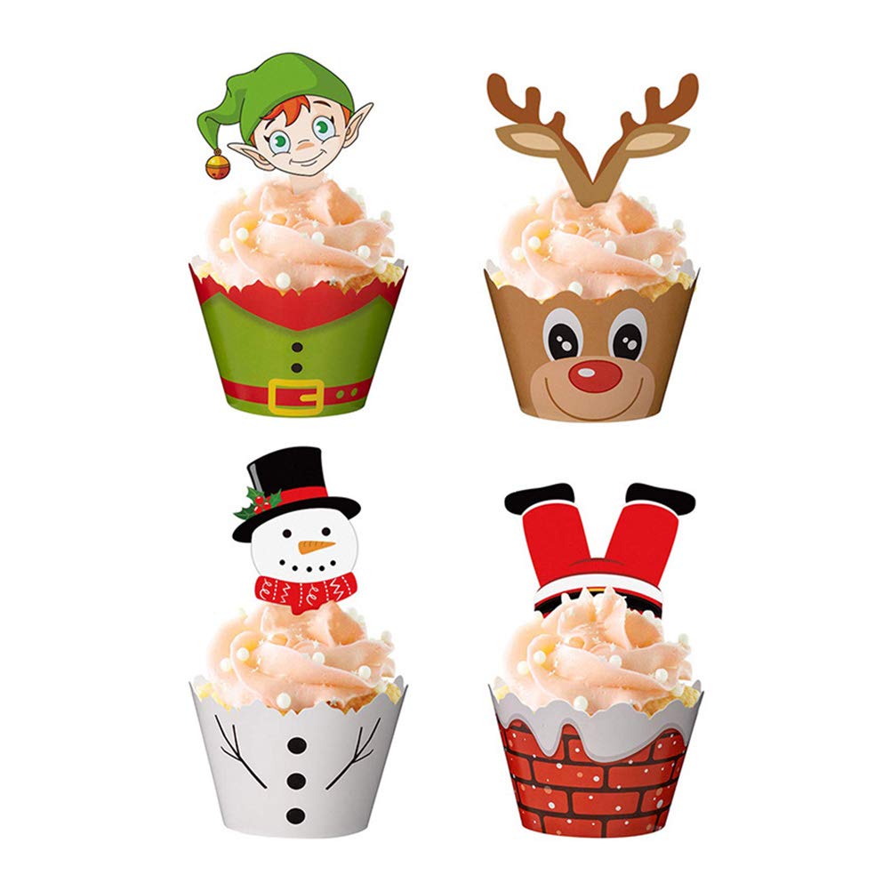 Healifty 48PCS Christmas Cake Decorations Set - 24 Cake Wrappers & 24 Cake Toppers for Cupcakes, Holiday Baking, Party Desserts - Perfect for Christmas Parties, Baking Gifts, and Festive Celebrations