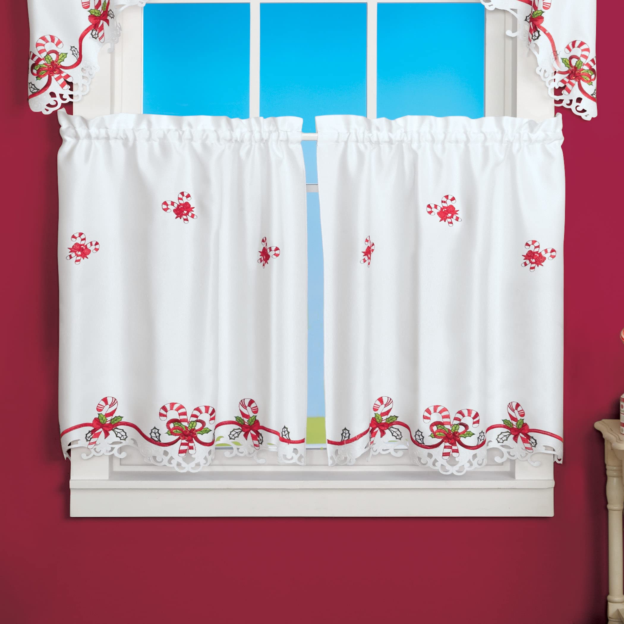 Embroidered Candy Cane Window Curtains with Rod Pocket - Festive Holiday Home Decor for Living Room, Bedroom & Kitchen | Christmas Winter Seasonal Decorations
