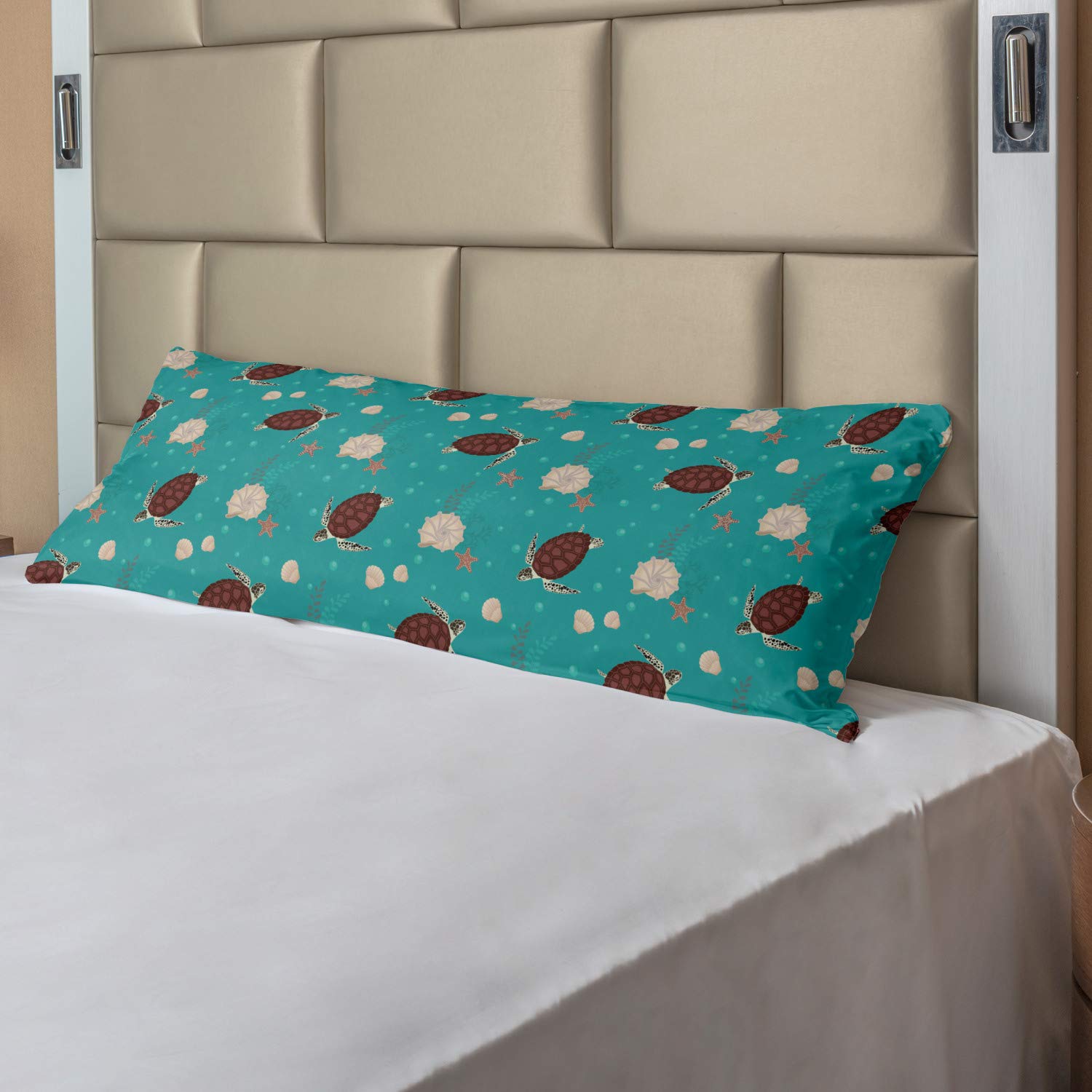 Ambesonne Marine Themed Body Pillow Case Cover with Zipper - Ocean Bubbles, Turtles, Starfish & Shells Print - Decorative Long Pillowcase 21x54 Inches - Dark Seafoam Chocolate - Perfect for Beach House Decor, Nautical Bedroom & Coastal Living Room Accent