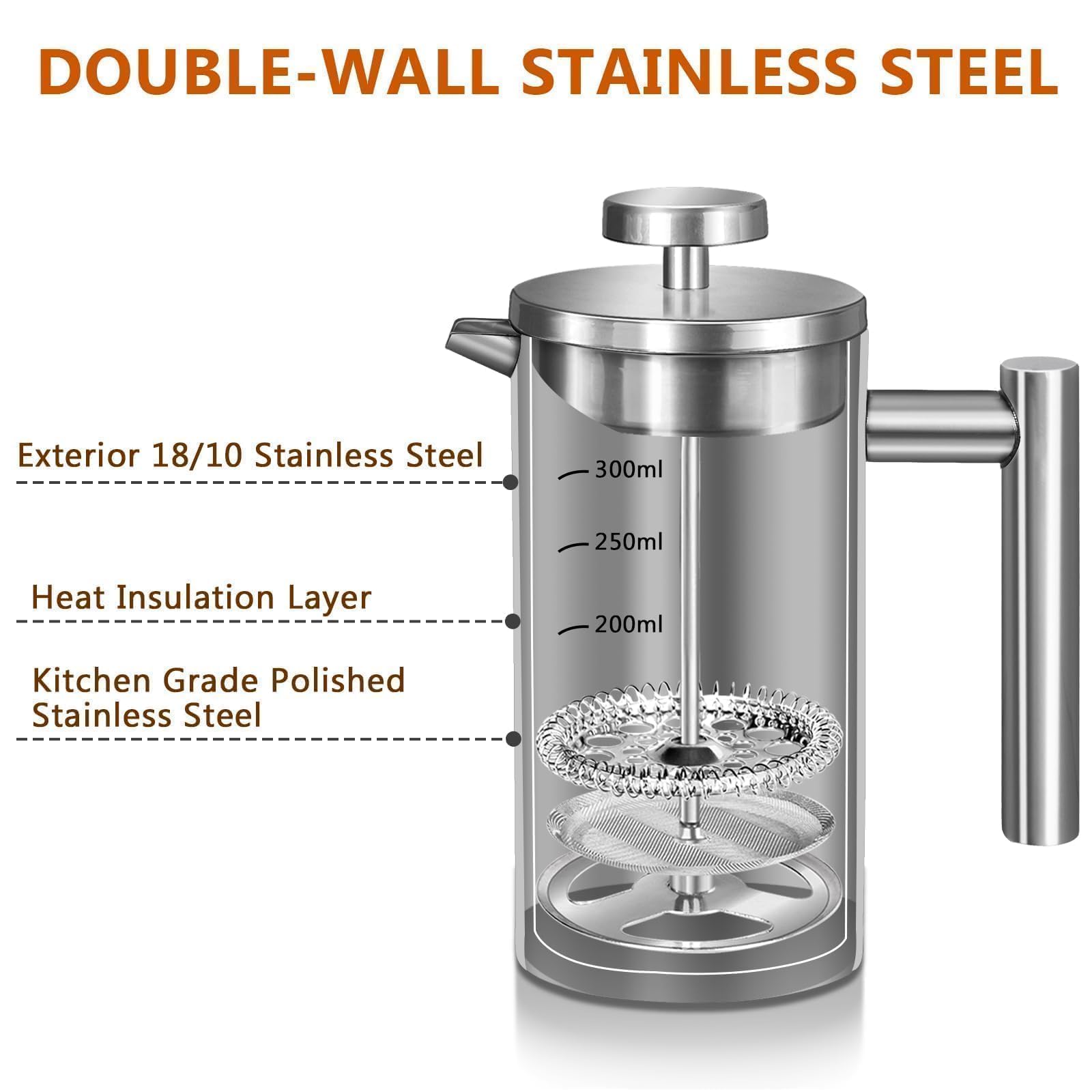 Premium 12oz Stainless Steel French Press Coffee Maker - Double Wall Insulated for Hot Coffee & Tea, Includes 3 Extra Filters + Spoon (Silver), Dishwasher Safe - Perfect for Home, Office, Camping & Travel