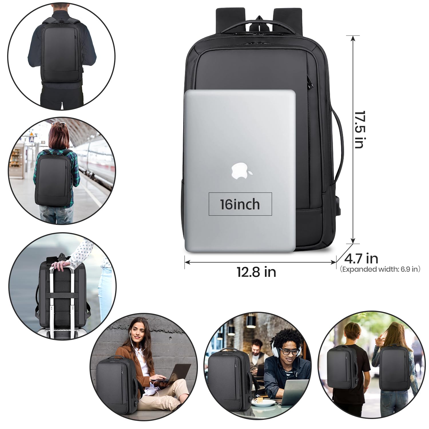 Expandable 16 Inch Laptop Backpack with USB Charging Port - Water-Resistant Business & College Backpack for Men & Women - Perfect for Work, Travel & School - Black