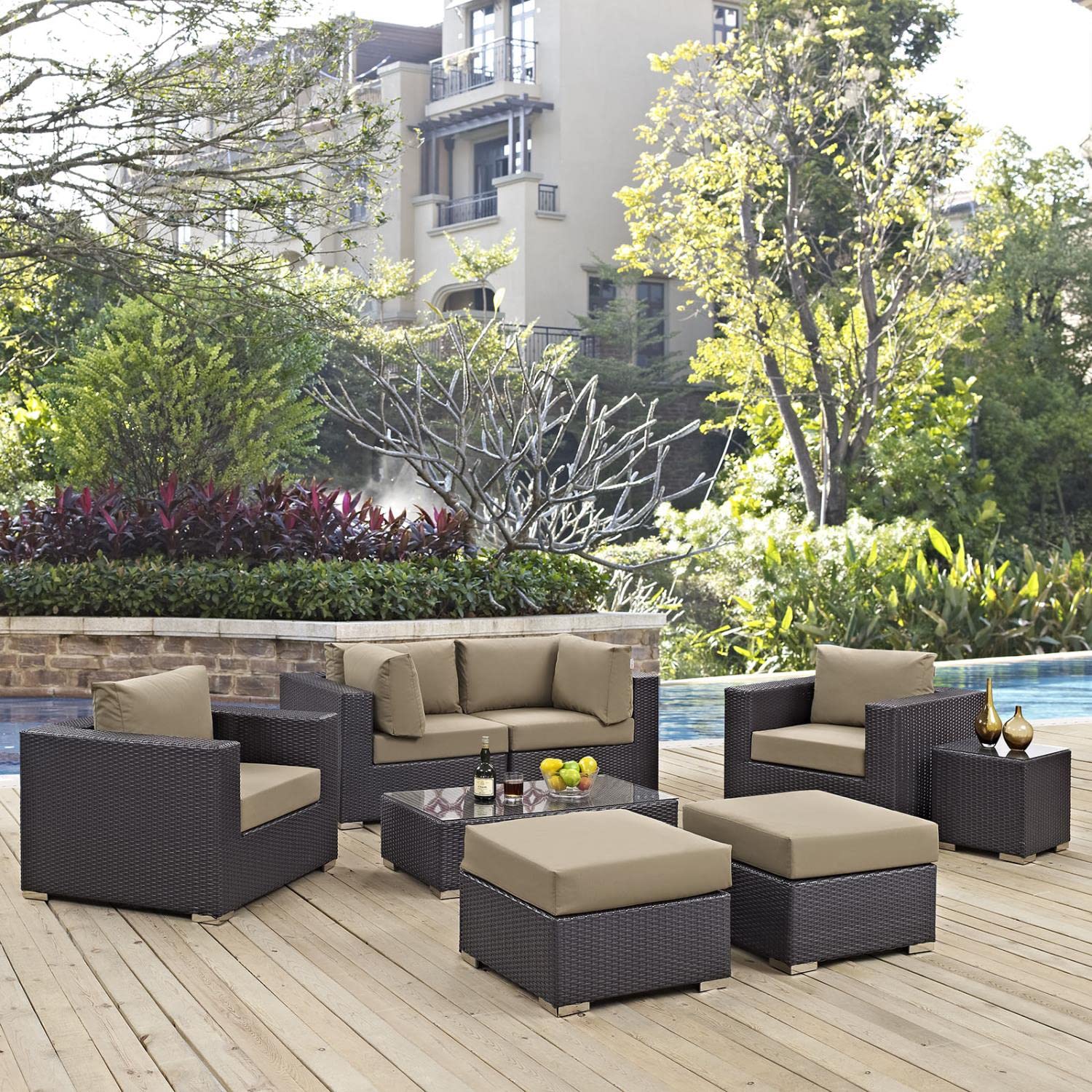 Modway Convene 8-Piece Outdoor Patio Sectional Set - Espresso Mocha Brown Wicker Furniture for Backyard, Garden & Poolside Relaxation