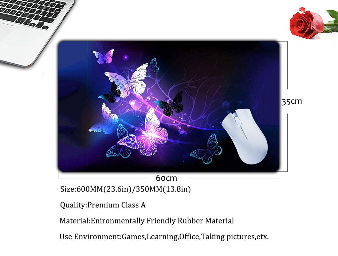 Premium Extended Gaming Mouse Pad - Large Non-Slip Rubber Base Keyboard & Mouse Mat for PC, Laptop, Mac - 23.6x13.8x0.15 Inch Glowing Night Butterflies Design - Perfect for Office, Home, Gaming & Work Setup