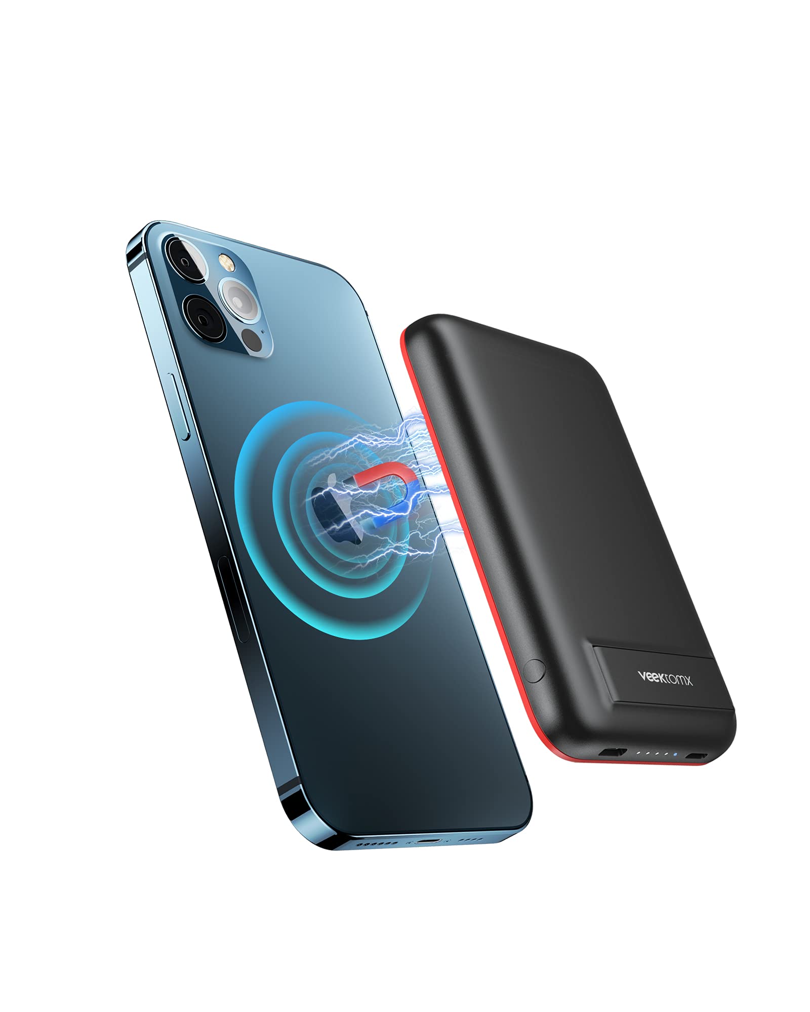 VEEKTOMX 5000mAh Magnetic Wireless Portable Charger - PD&QC Fast Charging, Mag-Suction Power Bank with Holder, 15W MAX Output for iPhone 13/12/11 (Perfect for Travel, Office & On-the-Go Charging)