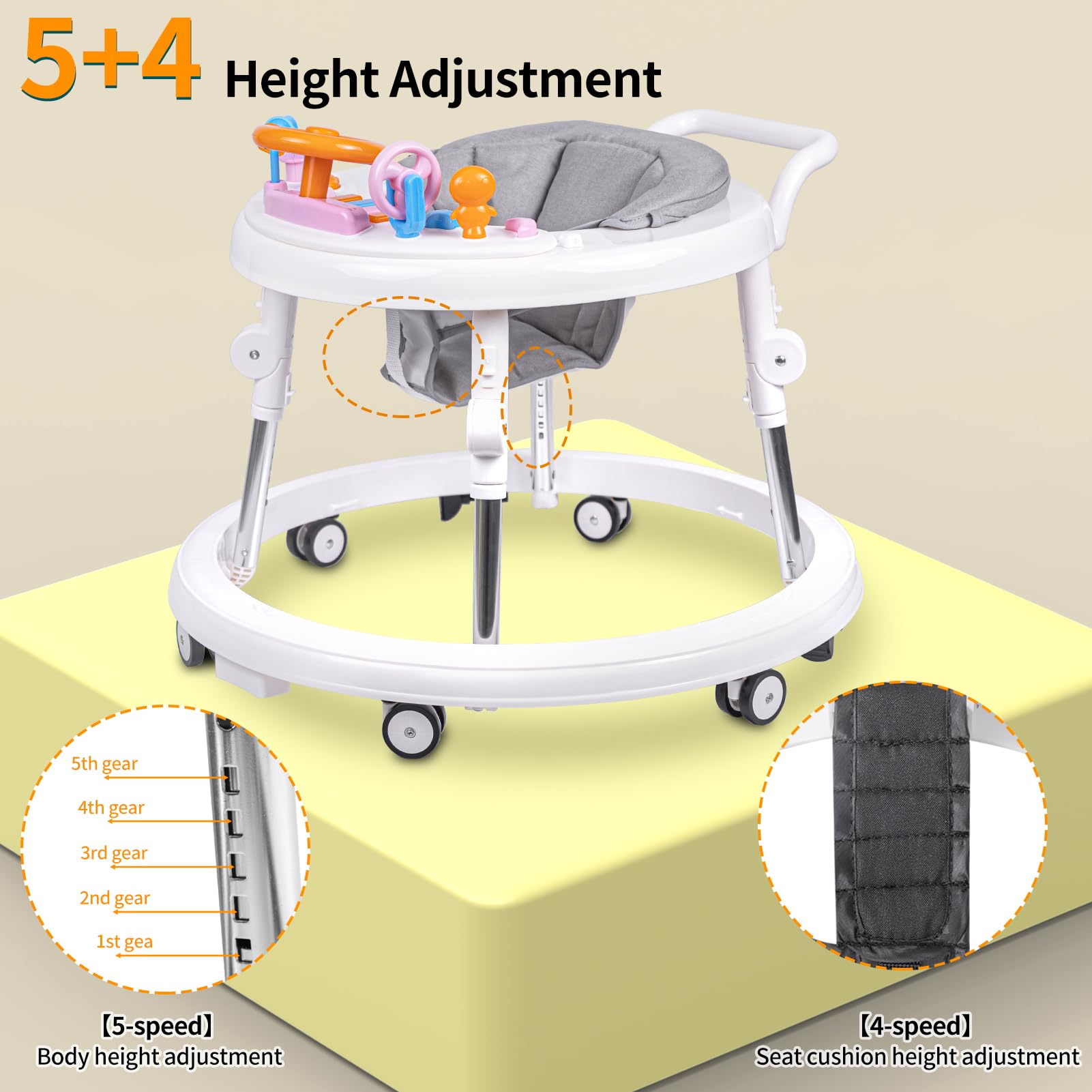 Foldable 9-Speed Adjustable Baby Walker with Wheels & Music - Anti-Fall Infant Walker for Boys & Girls 6-24 Months - Perfect for Learning to Walk & Playtime Activities at Home