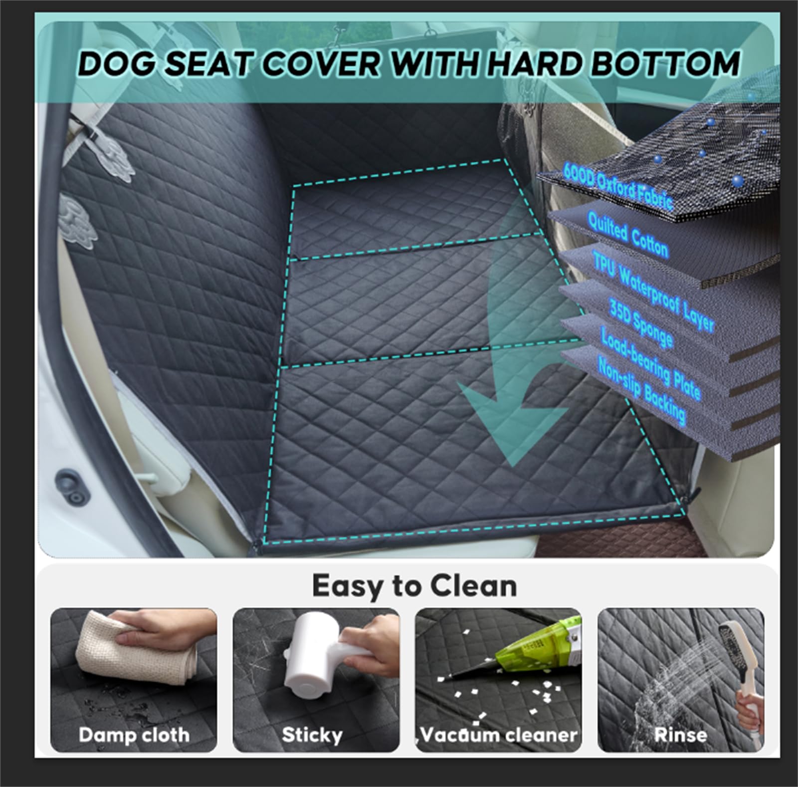 Waterproof Dog Car Seat Cover with Hard Bottom - Back Seat Extender & Pet Hammock for Cars, SUVs, Trucks | Durable Travel Bed for Dogs, Camping & Road Trips