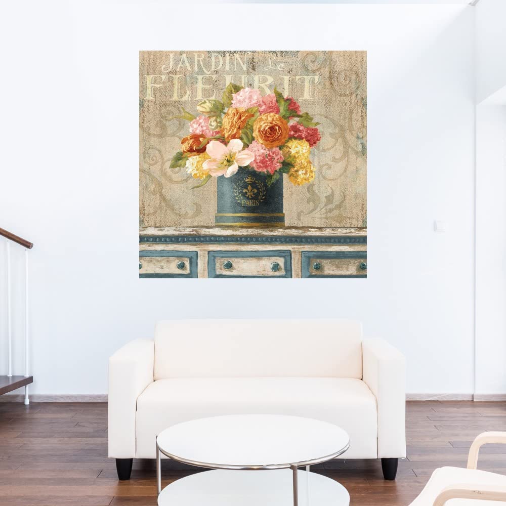 Tulips in Teal and Gold Hatbox Canvas Wall Art - 37x37 Inch Ready to Hang Painting for Living Room, Bedroom, Office Decor - Perfect for Home, Kitchen, Bathroom, Dining & Guest Room Wall Decor
