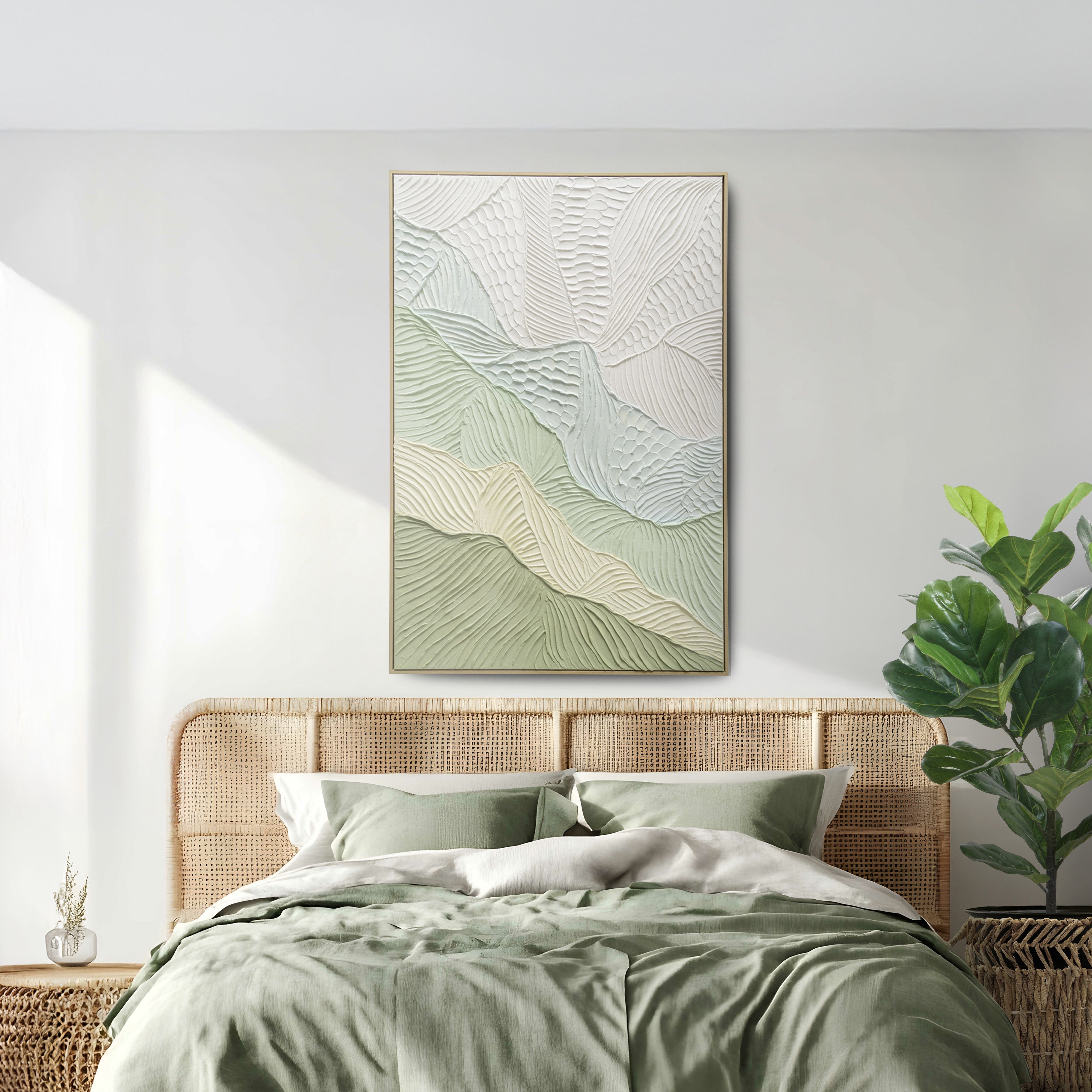 Urban Style Brushmarks Oil Painting - Textured Sage Ripple Abstract Wall Art for Living Room, Bedroom & Office Decor