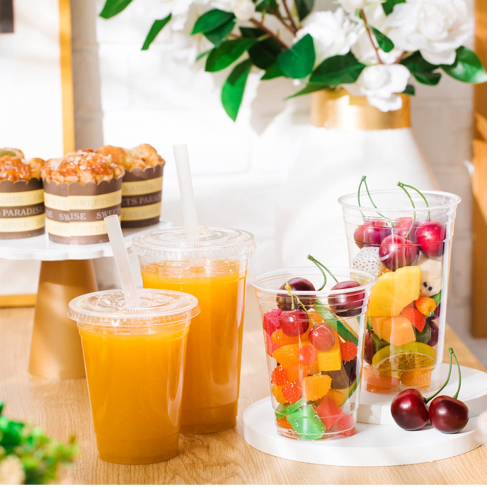 300 Pcs 32 oz Clear Plastic Cups with Lids & Straws - Disposable Coffee Cups with Flat Lids & Straw Slot - Perfect for Iced Cold Drinks, Bubble Tea, Smoothies, and Party Beverages