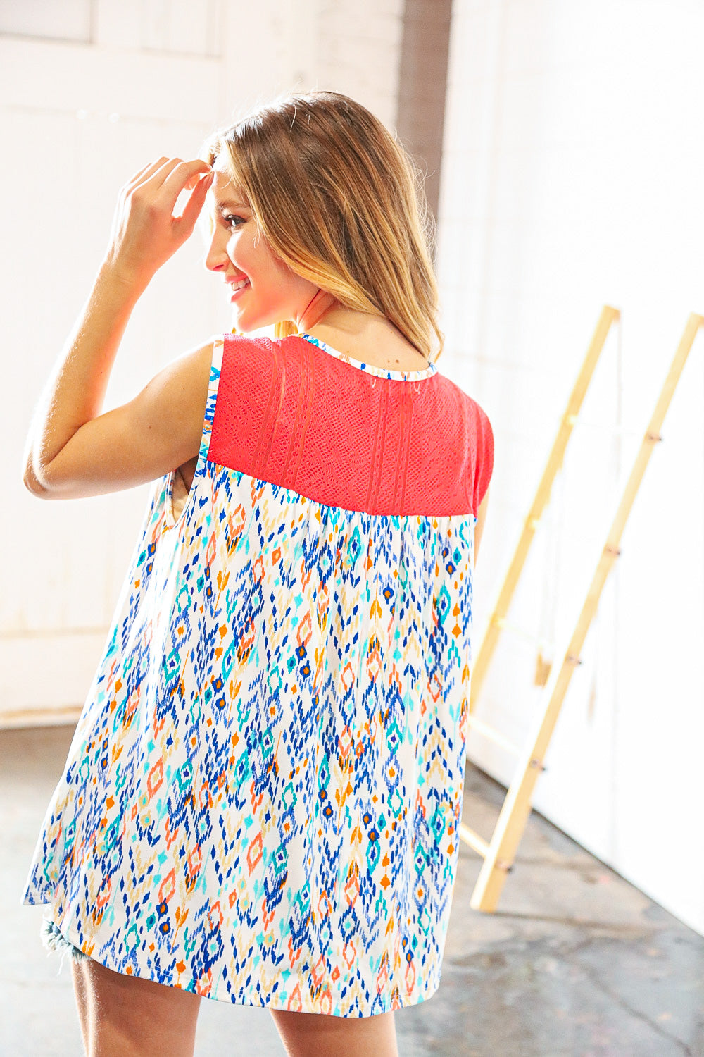 Stylish Coral Jacquard Lace Ethnic Print Tank Top for Women - Boho Chic Summer Blouse for Beach, Vacation & Casual Outings