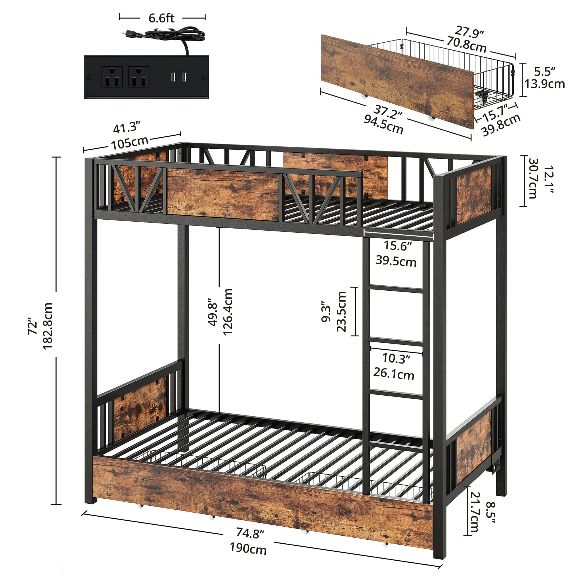 ANCTOR Metal Twin Bunk Bed with USB Power Outlet, Storage Drawers & LED Lights - Space-Saving Kids Bed Frame with Ladder, Quiet Design for Bedrooms, Dorms & Small Apartments