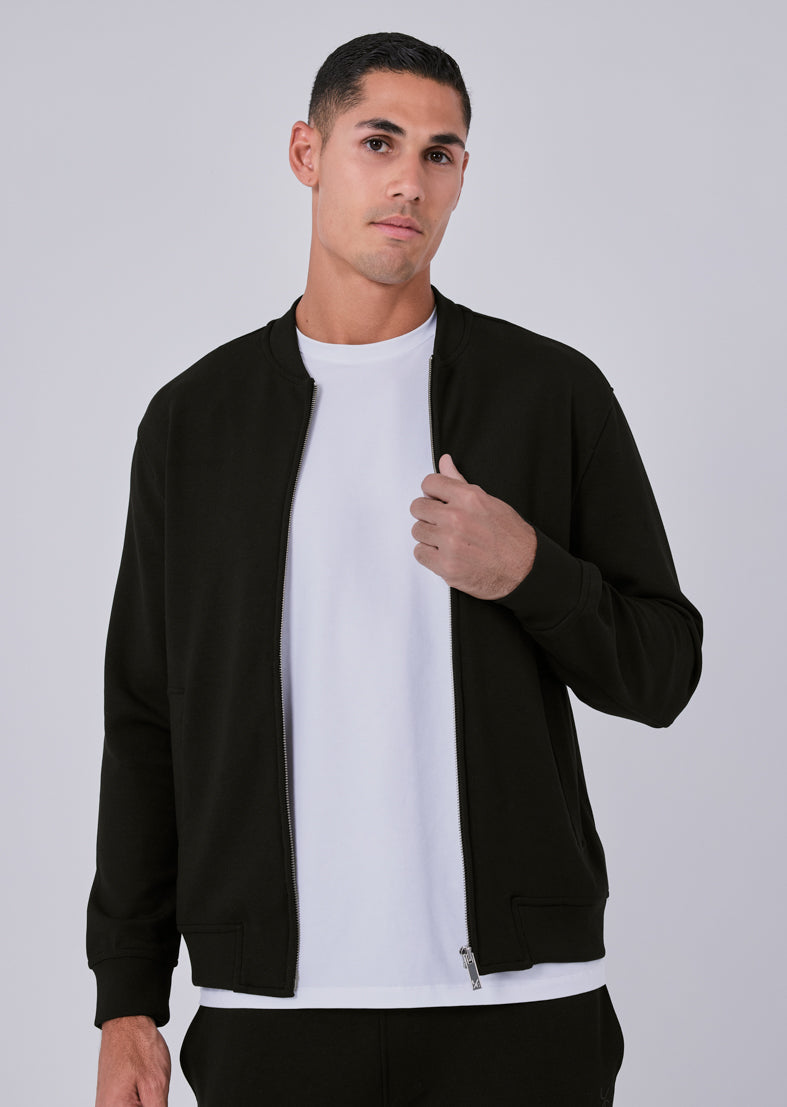 Men's All Around Lounge Bomber Jacket - Soft & Comfortable Lightweight Casual Coat for Relaxing at Home, Travel & Everyday Wear (Black)