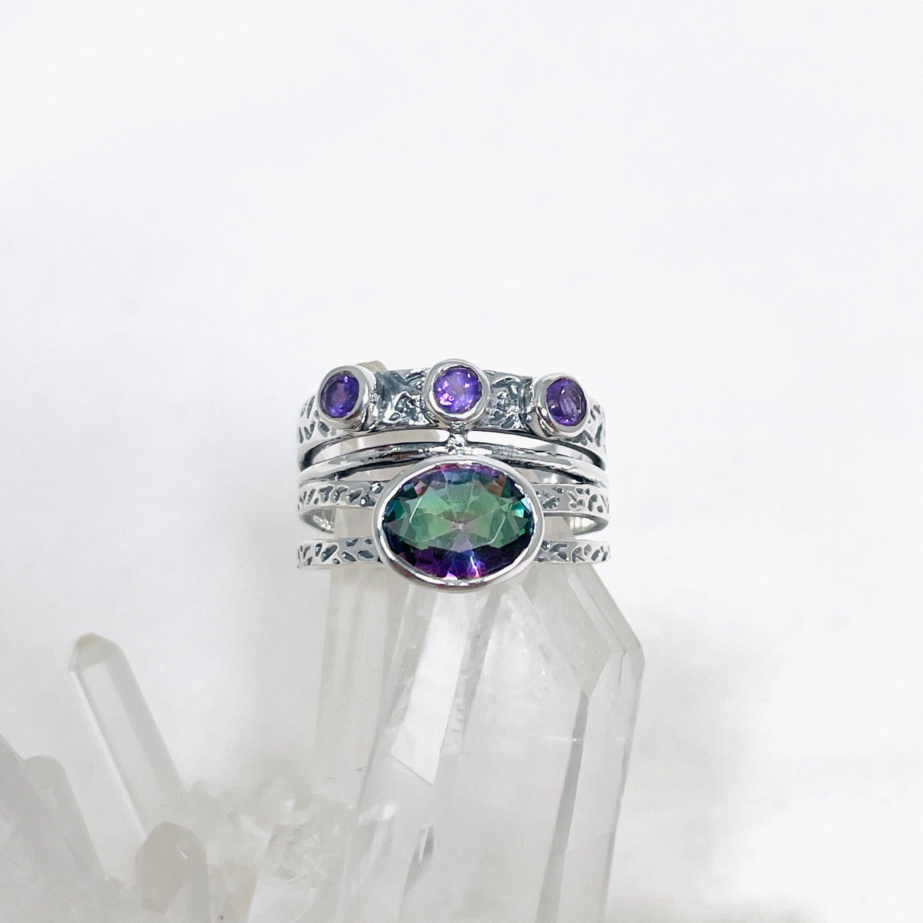 Faceted Mystic Topaz & Amethyst Gemstone Ring R3783 - Elegant Jewelry for Women, Perfect for Weddings, Parties & Special Occasions