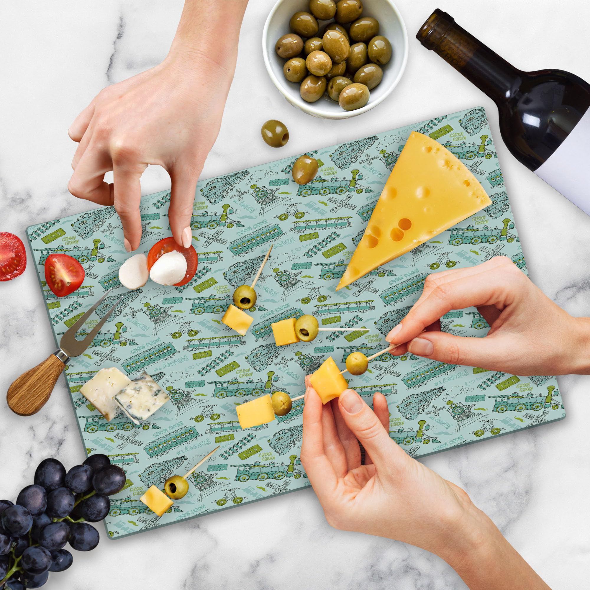 Ambesonne Vintage Train Themed Tempered Glass Cutting Board - Large Choo Choo Steam Engine Design with Number Signs, Apple Green Turquoise - Perfect for Kitchen Prep & Serving Cheese, Charcuterie