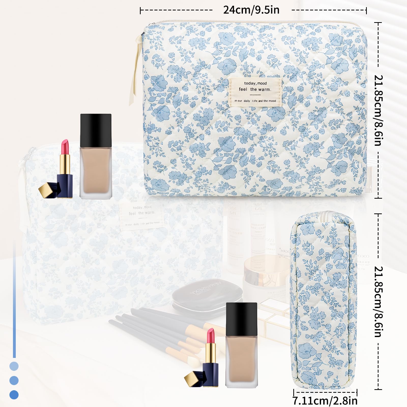 Floral Makeup Bag for Women - Large Quilted Cosmetic Pouch, Blue Flower Travel Organizer for Toiletries & Beauty Essentials