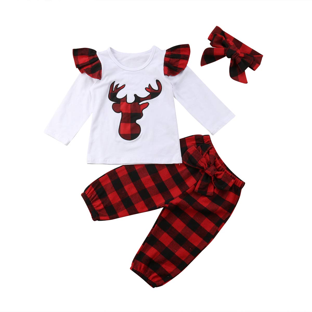 Baby Boys & Girls Christmas Deer Plaid Outfit Set - Cute Tops, Long Pants & Headband | Holiday Photo Shoot & Family Gathering Outfits