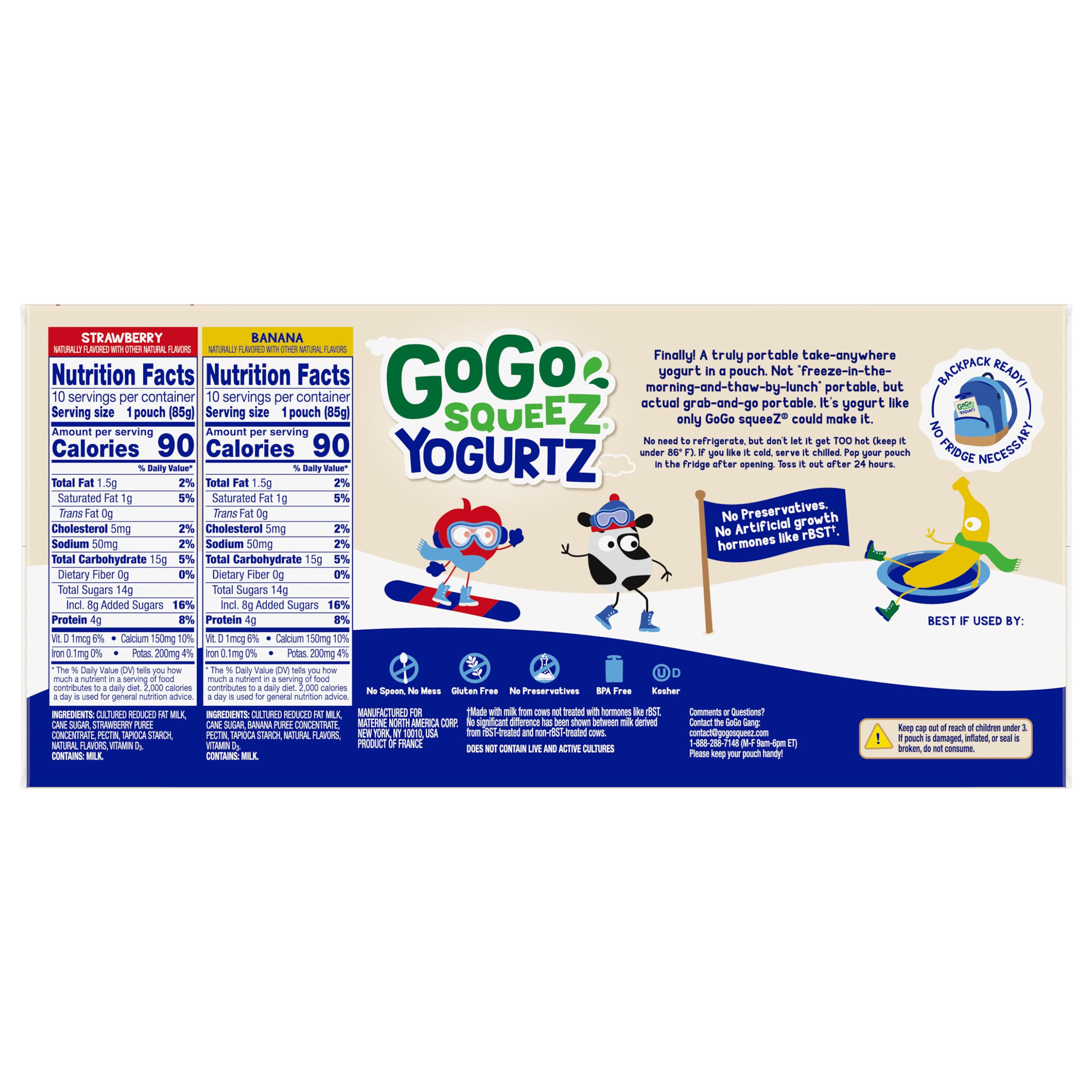 GoGo squeeZ Yogurt Variety Pack - Strawberry & Banana Flavored, 3oz Pouch (20 Pack) | Healthy Kids Snacks Made with Real Yogurt & Fruit | No Refrigeration Needed, Gluten Free, Nut Free, BPA Free | Perfect for School Lunches, Road Trips & On-the-Go Snacking