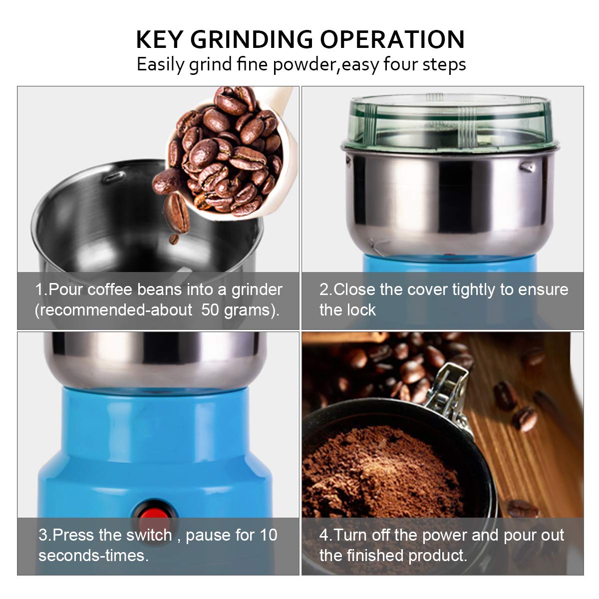 150W Electric Coffee Grinder for Beans, Nuts, Herbs & Grains - Portable Multifunction Grain Grinder for Home & Kitchen - Perfect for Espresso, Smoothies & Baking