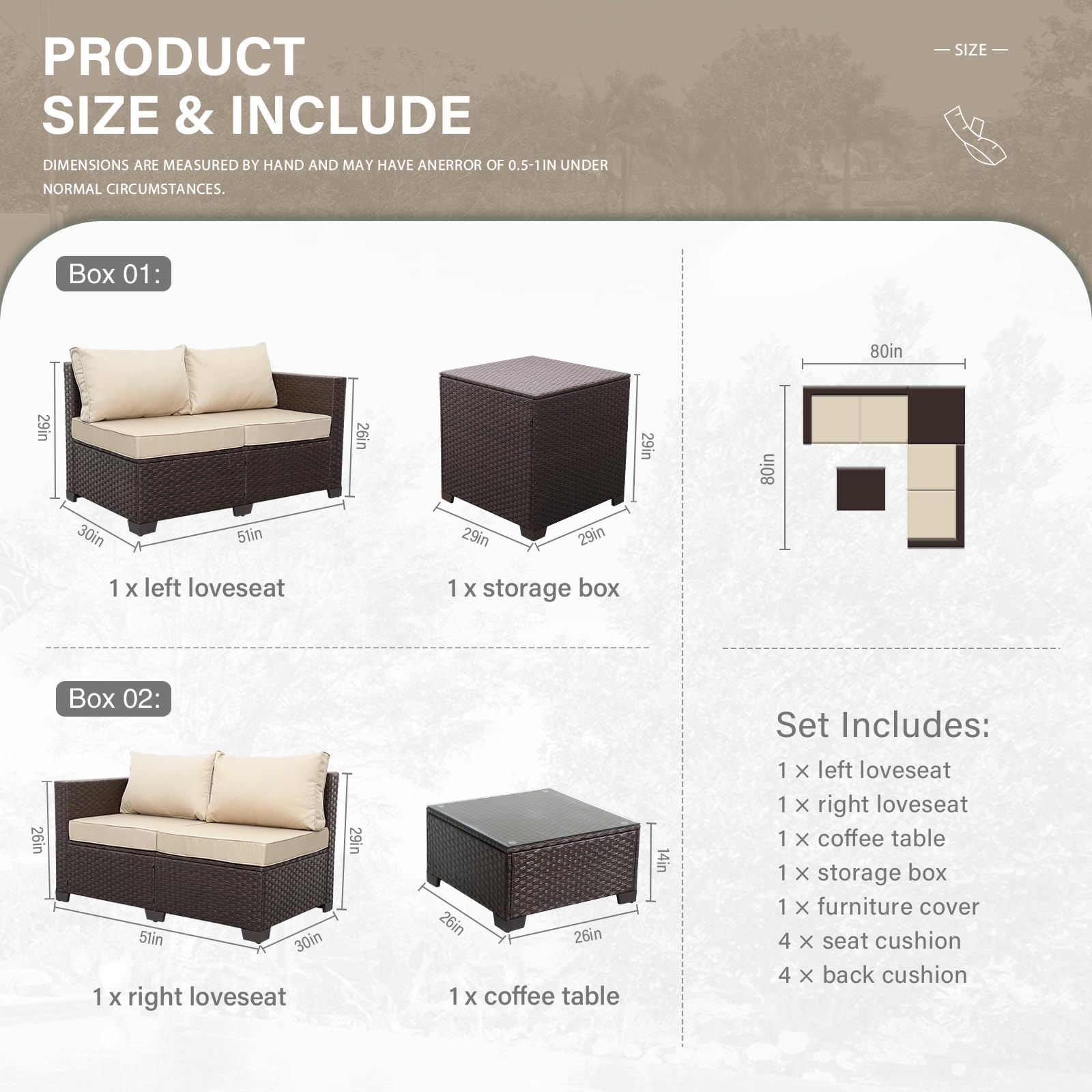 4-Piece Brown PE Wicker Patio Furniture Set - Outdoor Rattan Sectional Sofa with Storage Box, Side Table & Khaki Cushions | Perfect for Backyard, Garden, Poolside & Balcony Relaxation