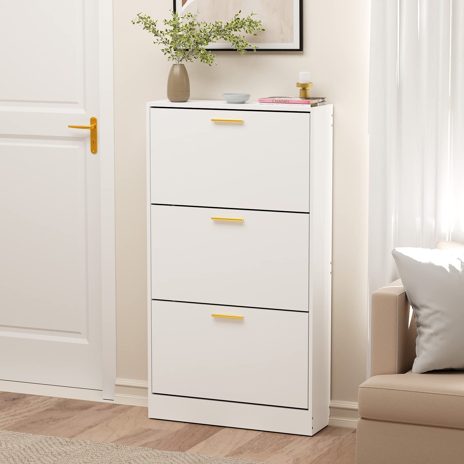 JOZZBY White Slim Shoe Cabinet with 3 Flip Drawers - Modern Freestanding Shoe Storage Organizer for Entryway, Hallway & Living Room | Space-Saving Narrow Shoe Rack for Small Spaces & Apartments