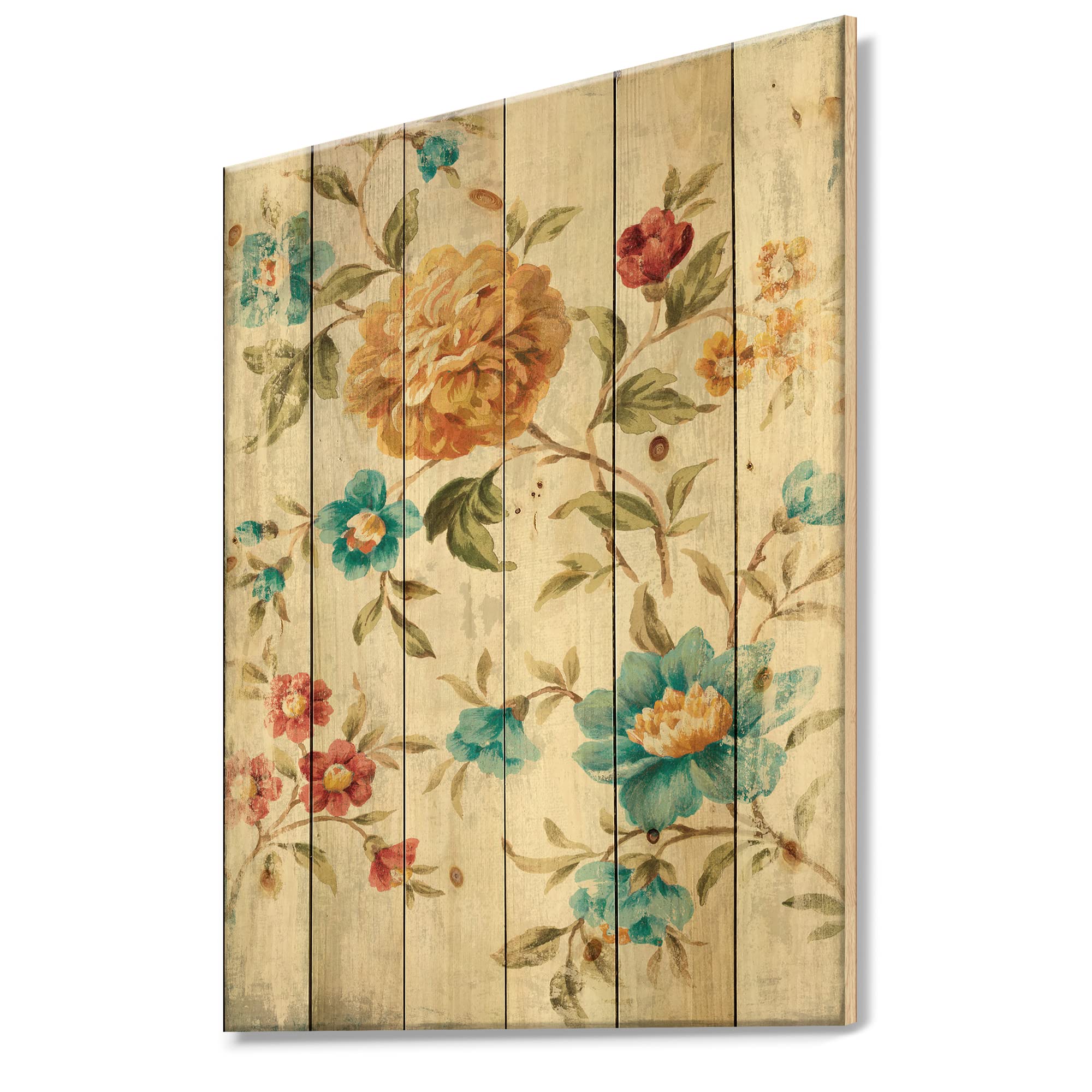 DesignQ Golden Flowers Wood Wall Decor - Blue Floral Pine Wood Art Panels for Cabin & Lodge - Large Rustic Wall Art for Living Room, Bedroom & Home Decor