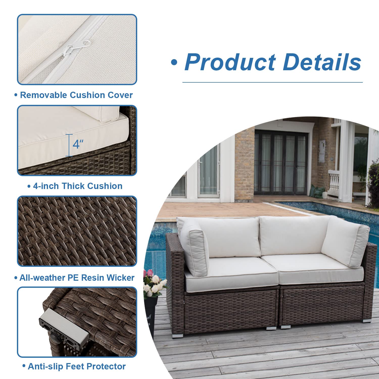 Coziest 2-Piece Outdoor Wicker Loveseat Sofa Set with Thick Off-White Cushions - Patio, Garden, Poolside & Backyard Furniture for Relaxing & Entertaining