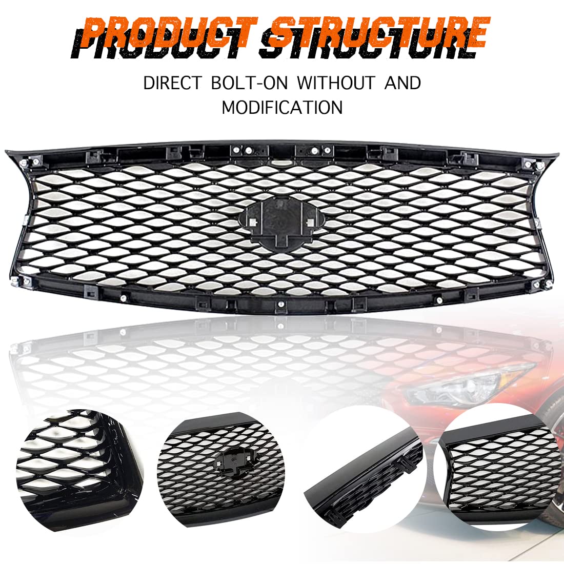 2014-2017 Infiniti Q50 Front Upper Bumper Grille Hood Cover - ABS Eau Rouge Style Glossy Black Replacement | Perfect for Car Customization & Performance Upgrade