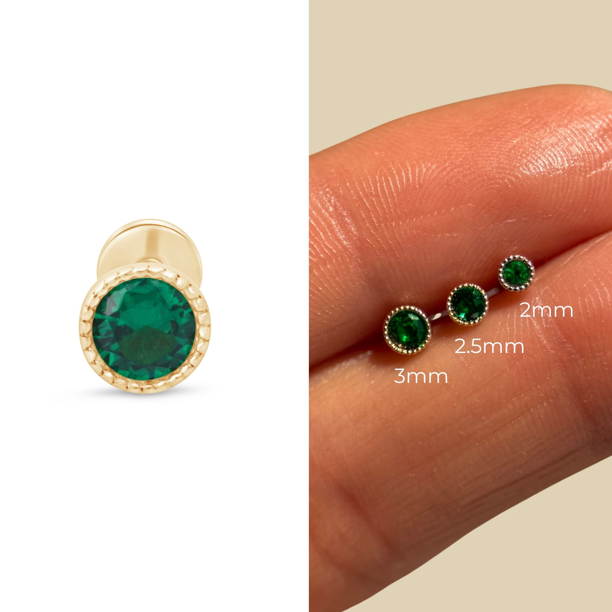 14K Solid Yellow Gold Emerald Flat Back Stud Earrings with Milgrain Detailing - Perfect for Weddings, Parties & Everyday Elegance