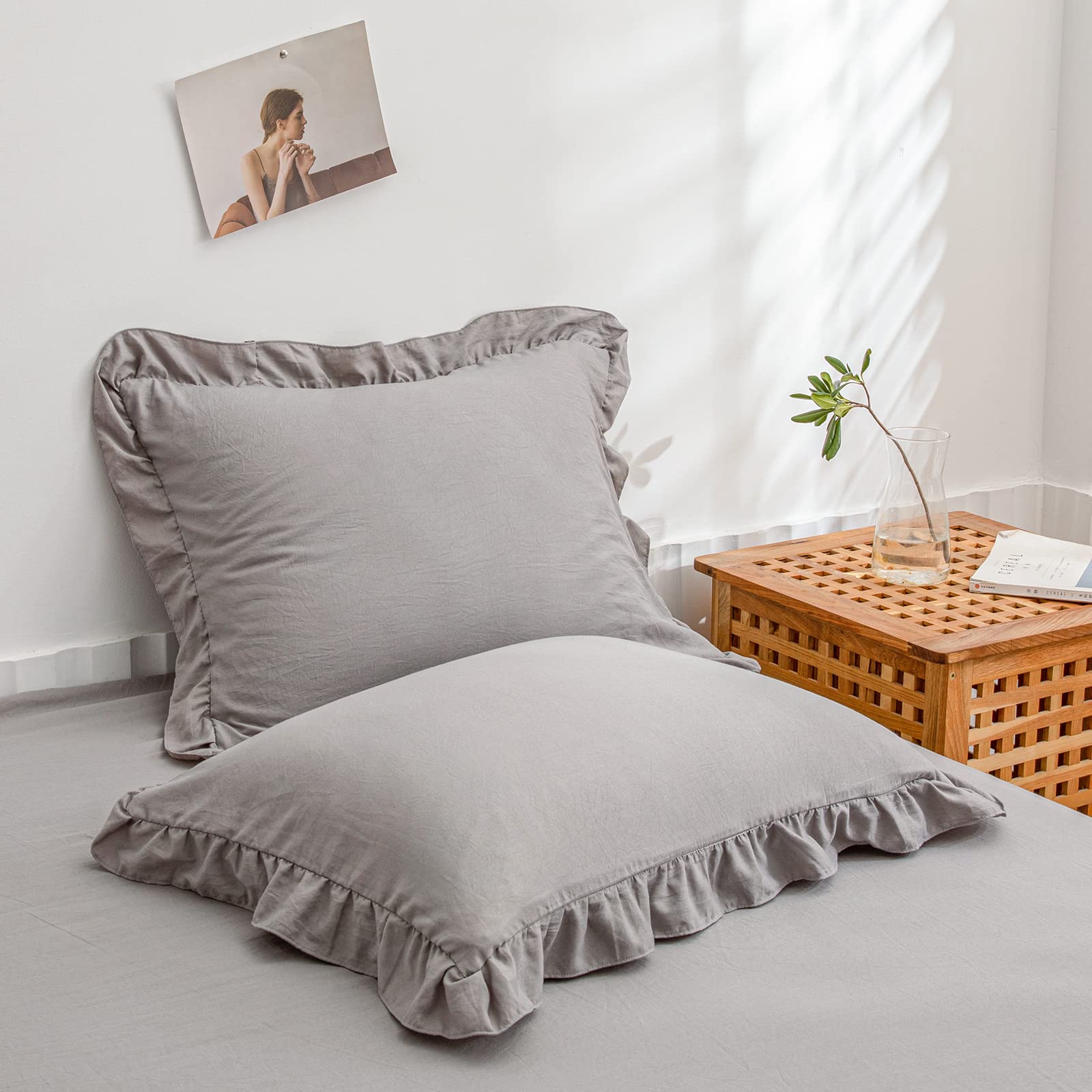 Light Gray Ruffled Pillowcases Set of 2 - Queen Size 20x30 Inches, Shabby Chic Decorative Pillow Covers for Bedroom, Living Room & Sofa Decor