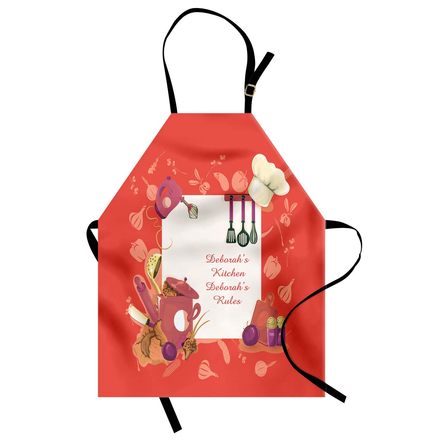 Ambesonne Personalized Chef Apron - Cartoon Illustrated Colorful Cooking Utensils Print, Unisex Adjustable Kitchen Bib for Adults - Perfect for Cooking, Baking, BBQ & Restaurant Use