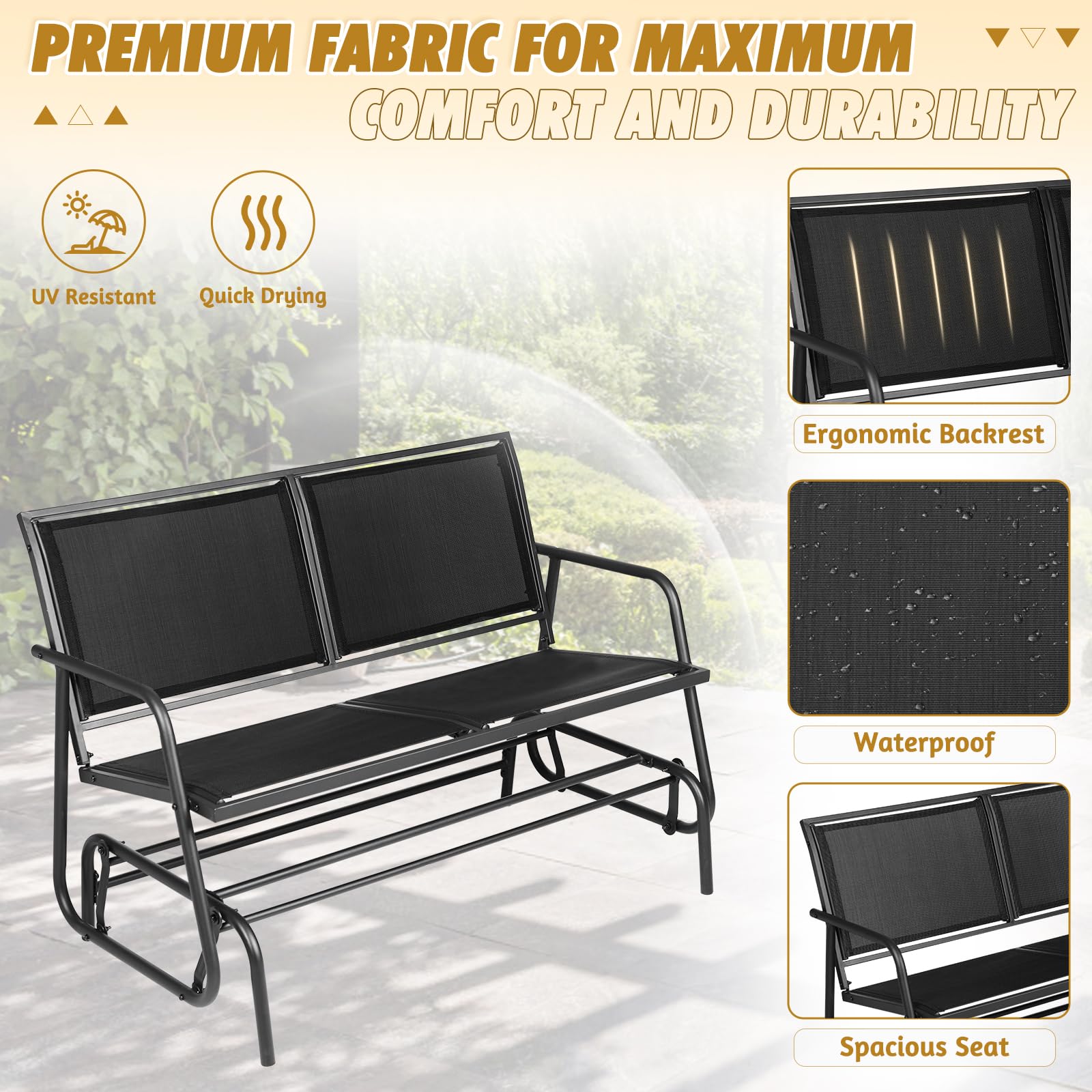 **SUNCROWN Outdoor 2-Person Glider Bench - Patio Swing Rocking Chair with Powder Coated Steel Frame & Textilene Fabric - Perfect for Backyard, Garden, Porch, Deck (Black) - Ideal for Relaxing, Lounging & Enjoying Outdoor Breezes**