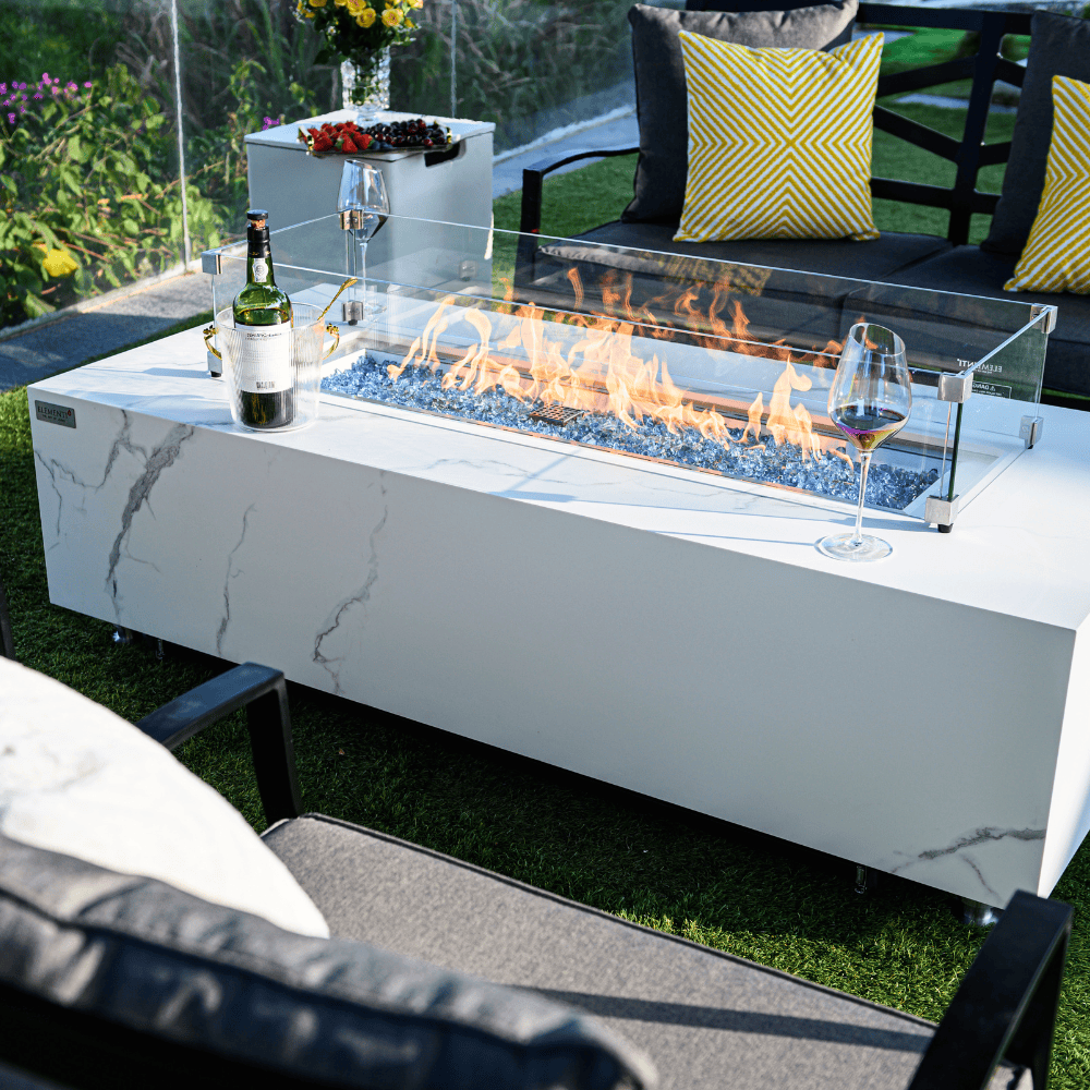 Premium Carrara Marble Porcelain Rectangular Fire Pit Table - Outdoor Patio Heater for Backyard, Garden & Poolside Gatherings