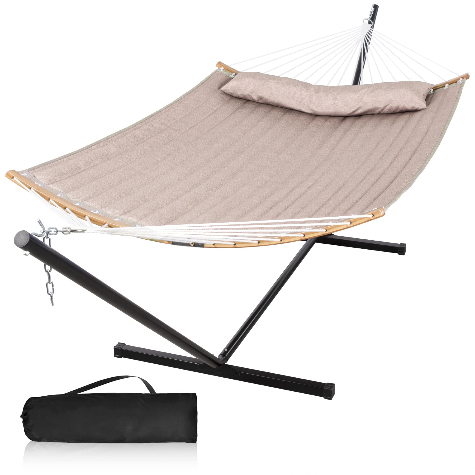 Double Hammock with 12 FT Stand - 2 Person Heavy Duty 450lbs Capacity Curved Bar Hammock Set Includes Pillow & Carrying Bag (Tan) - Perfect for Backyard, Patio, Camping & Outdoor Relaxation
