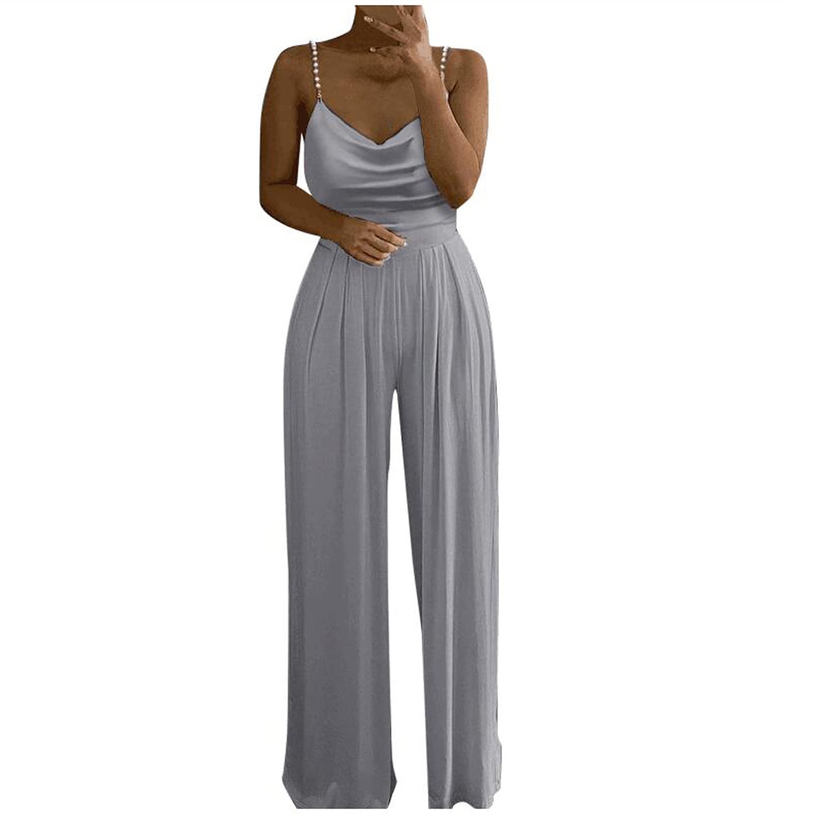 UK Women's Casual Solid Color Jumpsuit - Pearl Suspender Playsuit for Outings