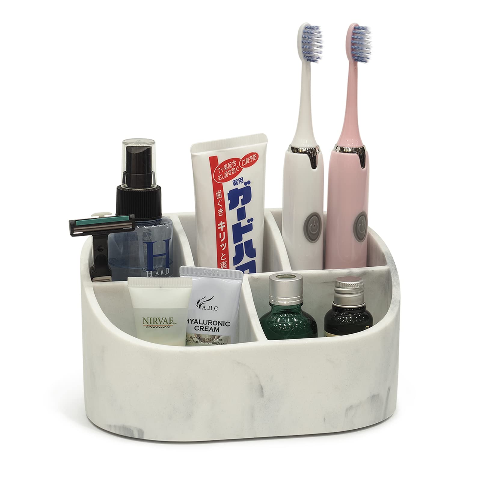 5-Slot Resin Toothbrush Holder - Bathroom & Office Countertop Organizer for Toothbrushes, Razors & Makeup Brushes (White) | Space-Saving Storage Solution for Sink, Vanity & Travel