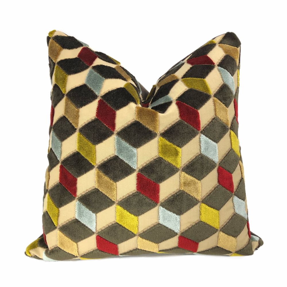 Metropol Geometric Cut Velvet Throw Pillow Covers - Brown, Red, Blue & Beige Cubes Design - Luxury Sofa & Bedroom Decor Accent Pillows