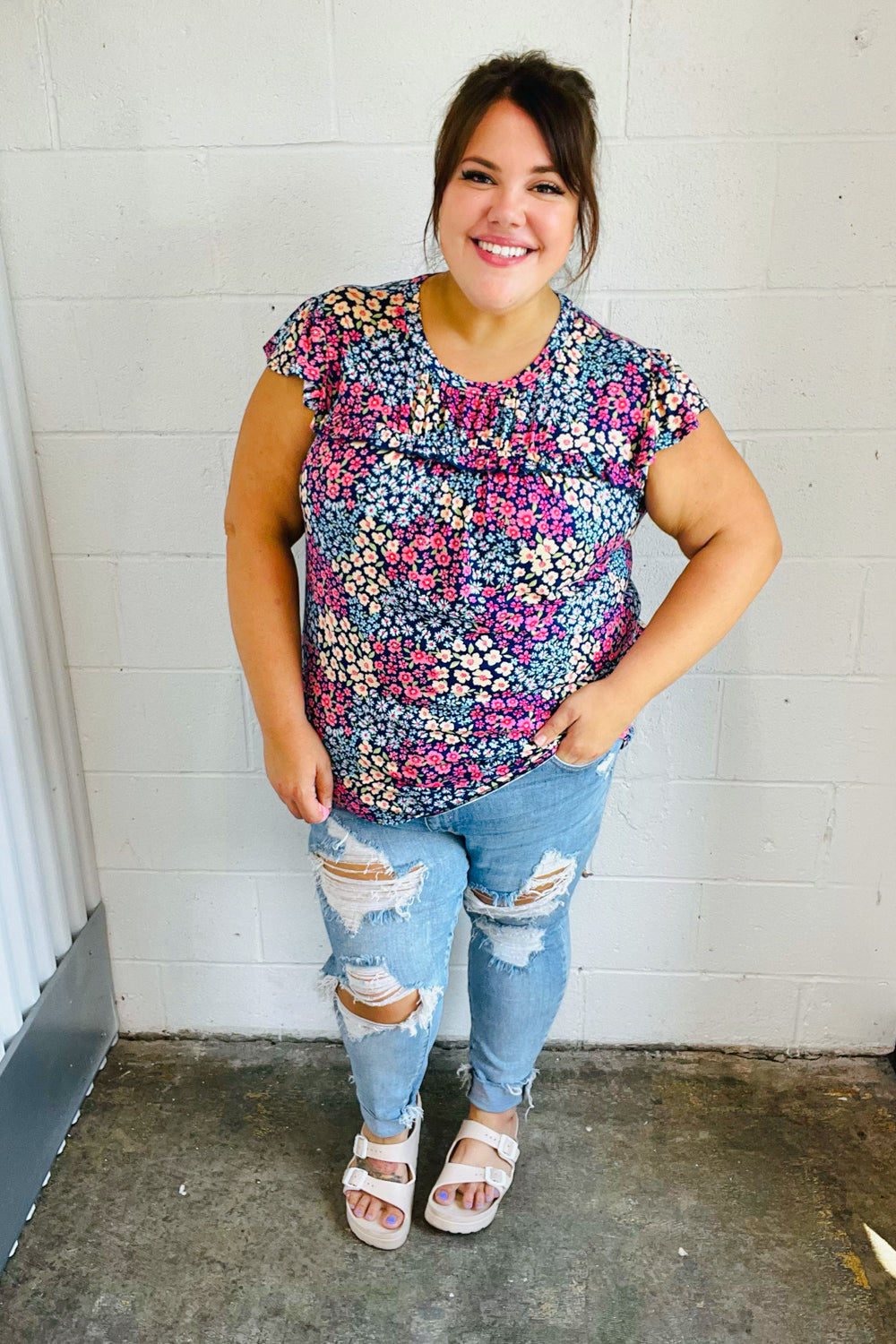 Navy Blue Floral Print Short Sleeve Blouse with Frilled Yoke - Women's Casual Summer Tops for Beach, Vacation & Date Night Outfits