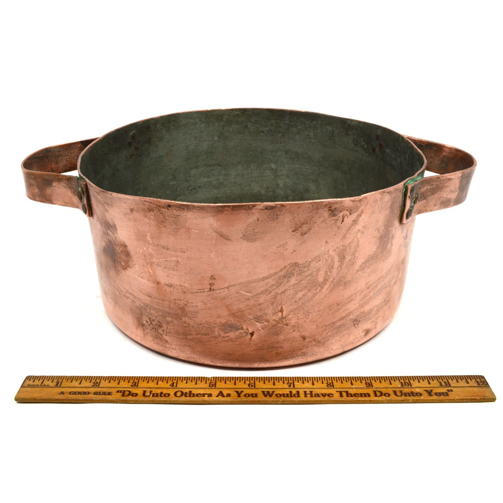 Vintage 6.5 Quart Copper Casserole Pot with Double Handles - Heavy Duty Primitive Cooking Bowl for Rustic Kitchens & Farmhouse Style Cooking