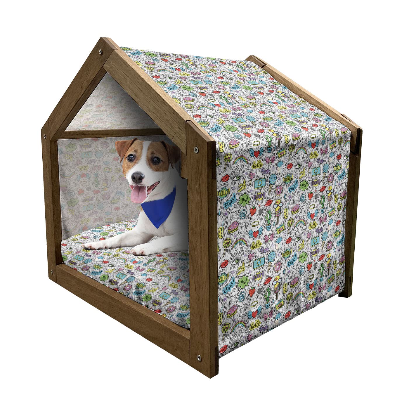 Ambesonne Wooden Pet House with Pop Art Hand-Drawn Designs - Indoor & Outdoor Portable Dog Kennel with Pillow & Cover - Medium Size, Multicolor - Perfect for Home, Yard, and Travel Use