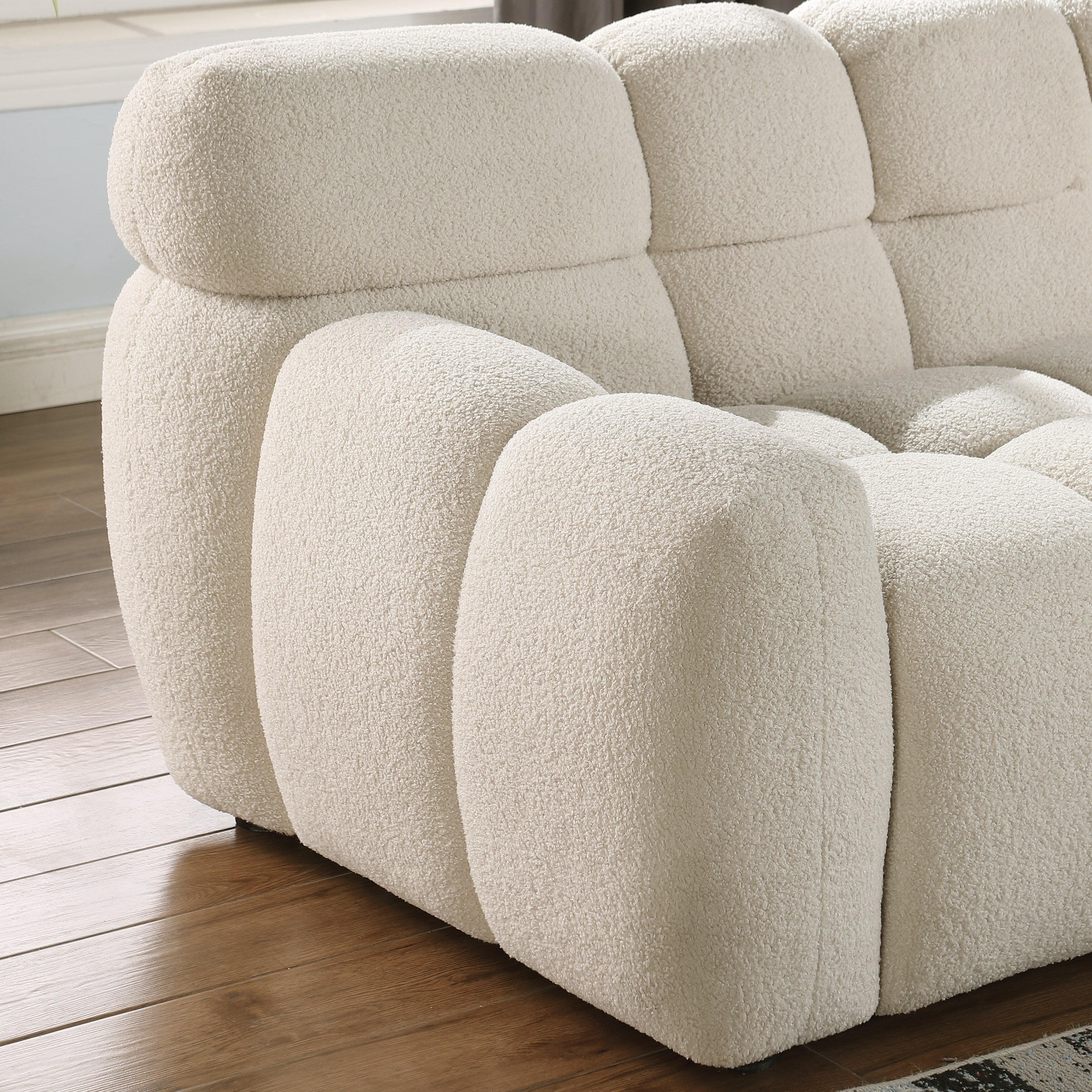 Beige Boucle 3-Seater Sofa - Marshmallow Design with Plush Cushions for Small Living Rooms | Cozy Modern Apartment Furniture for Lounge & Entertaining