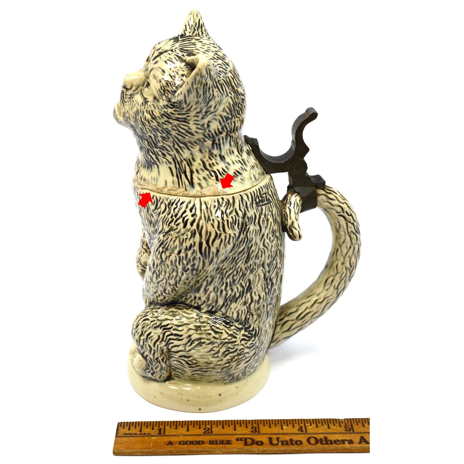 Antique German Character Beer Stein - Drunk Hungover Cat #1000 Steinzeugwerke 19th Century - Perfect for Collectors & Beer Enthusiasts