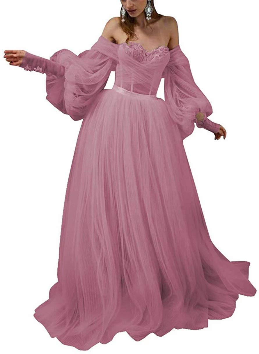 Vintage Off Shoulder Long Puffy Sleeves Ruffle Tulle Princess Prom Quinceanera Dresses for Women - Elegant Formal Gown for Weddings, Parties & Special Occasions