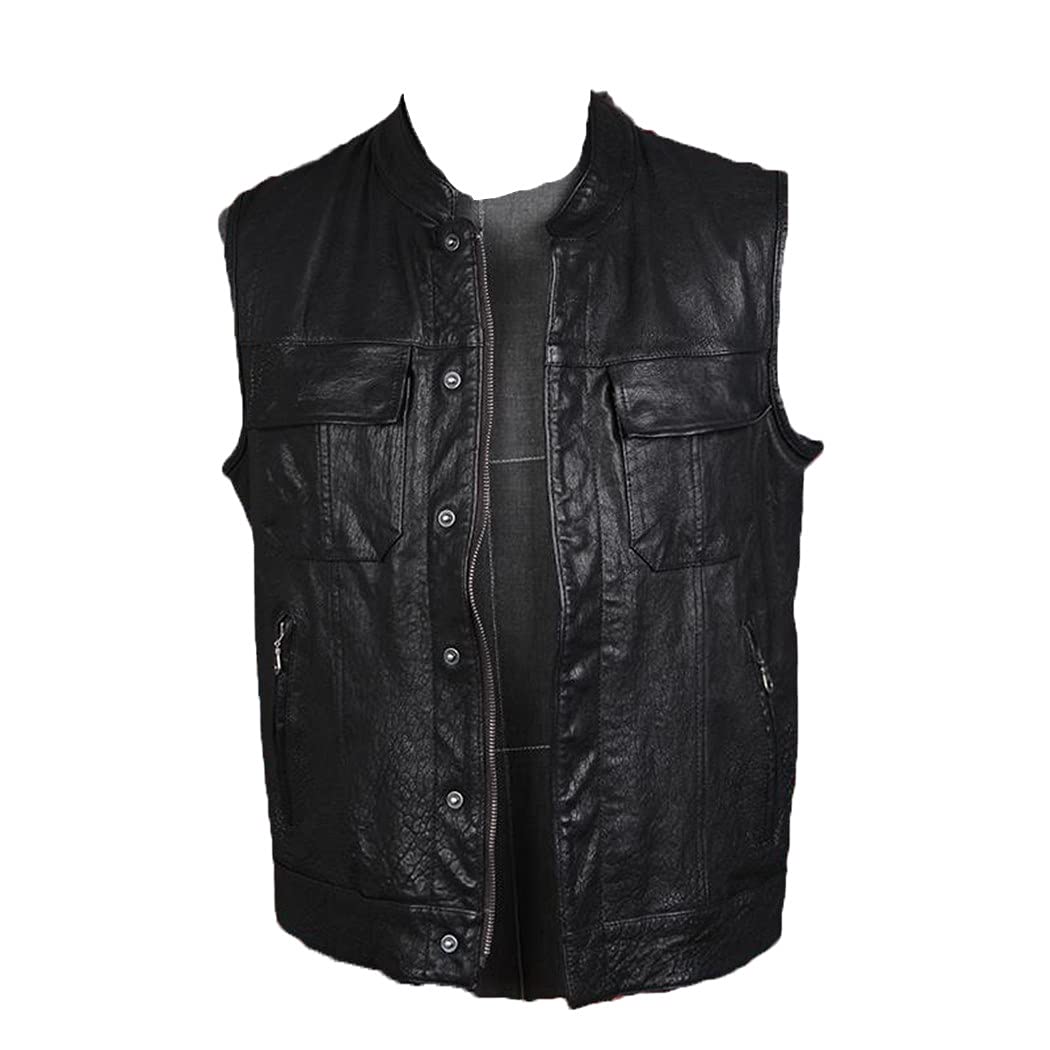 Vintage Biker Sheepskin Vest for Men - Stand Collar Genuine Leather Waistcoat with Pockets | Sleeveless Casual Streetwear Jacket | Perfect for Motorcycle Rides, Outdoor Adventures & Urban Fashion