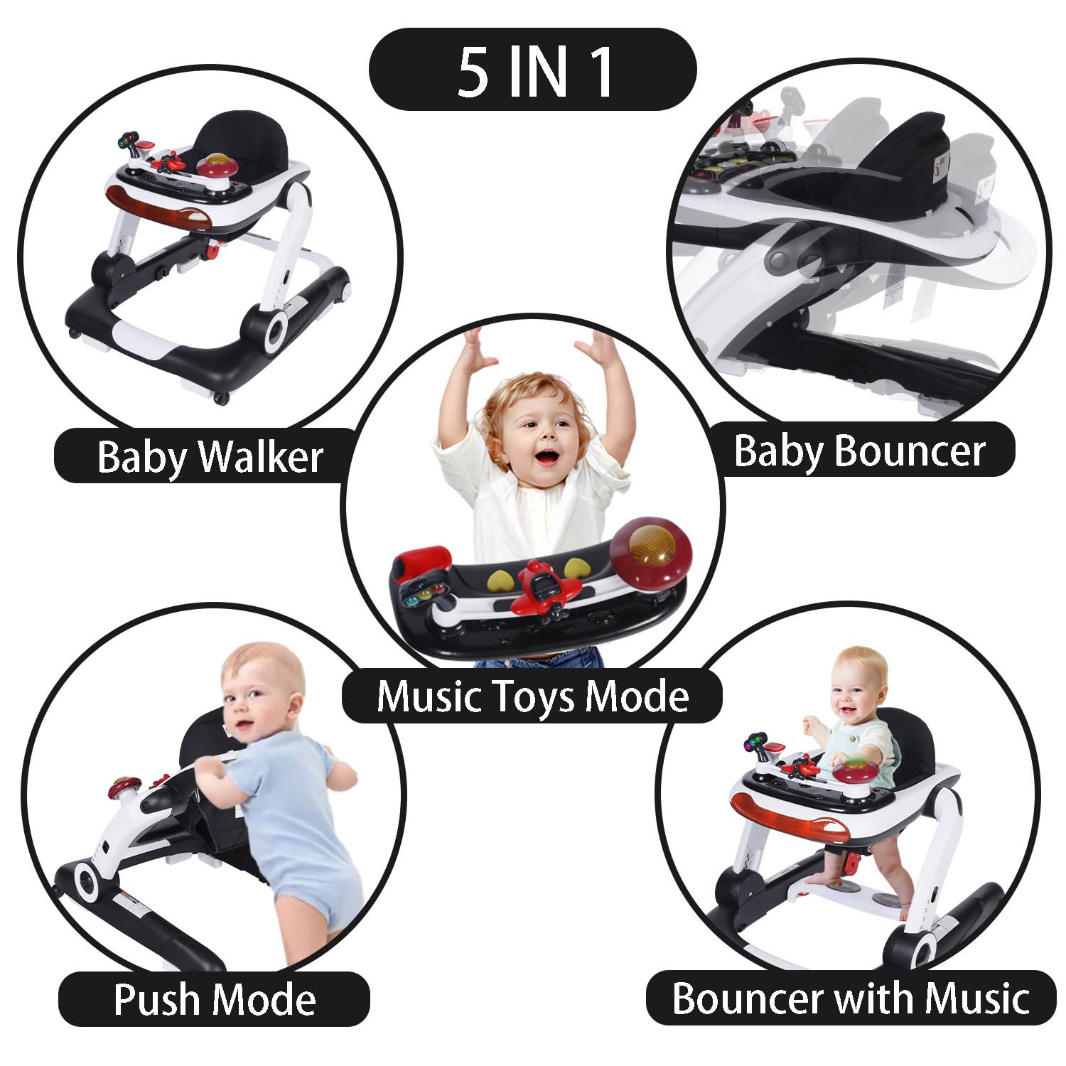 Kinder King 5-in-1 Baby Walker with Music & Lights - Adjustable Height & Seat, Learning-Seated & Walk-Behind Toddler Activity Walker with Safety Bumper & Anti-Rollover Design (Black) - Perfect for Early Learning, Playtime & First Steps