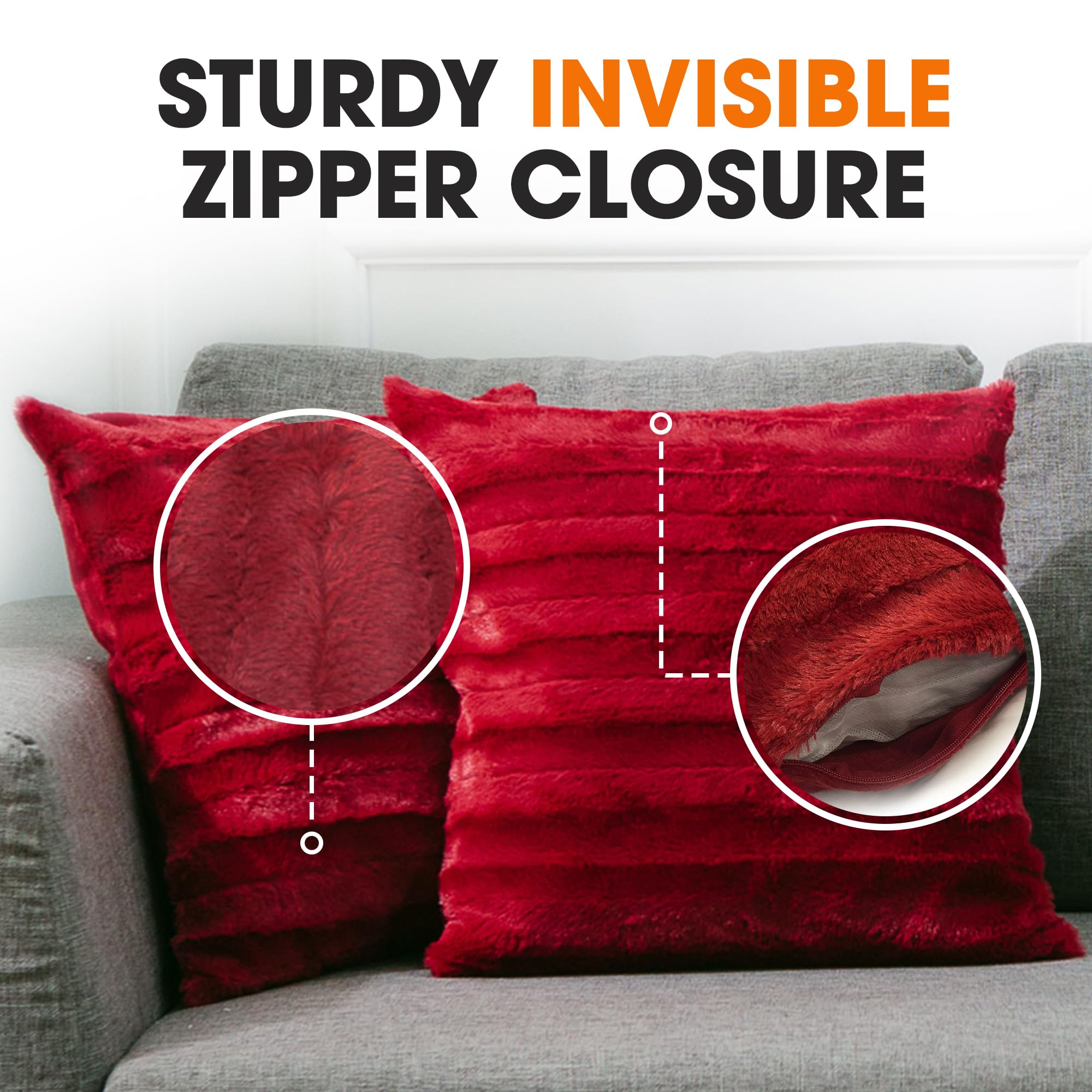 Cheer Collection Faux Fur Throw Pillows Set of 2 - 22x22 Inch Soft Decorative Couch & Bed Pillows, Maroon Accent Pillows for Living Room, Bedroom Aesthetic - Cozy Home Decor for Sofa, Lounge & Dorm
