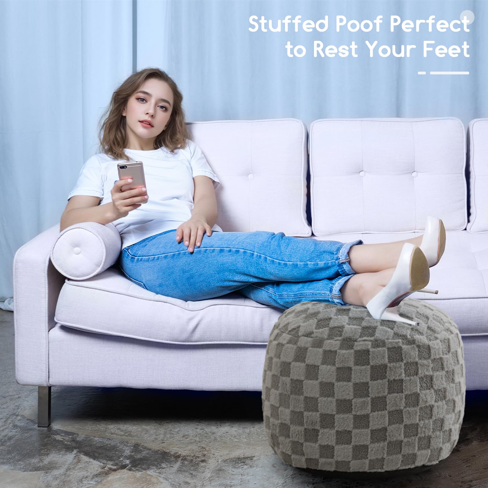 MAXYOYO Round Stuffed Pouf Ottoman with Foam Chunk Filling - 20 x 15 Inch Grey Plaid Footrest for Living Room, Bedroom & Nursery - Versatile Seating and Decor Accent