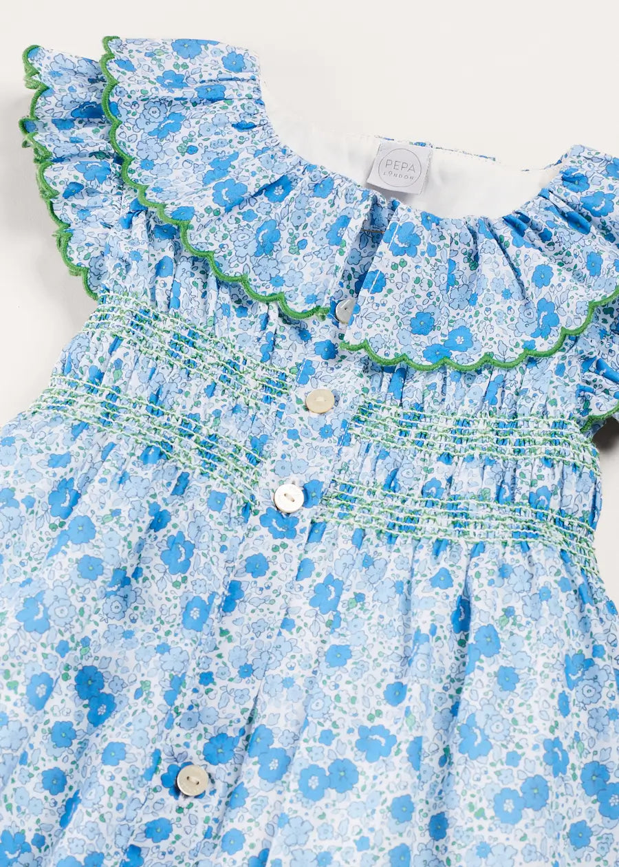 Olivia Floral Smocked Ruffle Collar Sleeveless Dress for Girls - Blue Summer Dress for Baby to Kids (12 Months to 10 Years) | Perfect for Birthday Parties, Family Photos & Special Occasions
