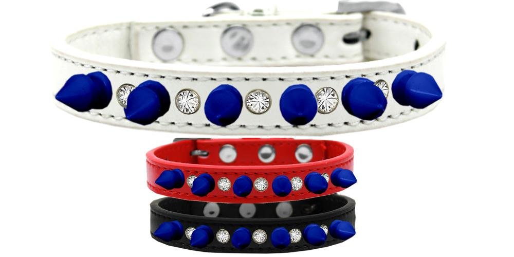 Red Dog Spike Collar with Clear Crystals & Blue Spikes for Pet Safety