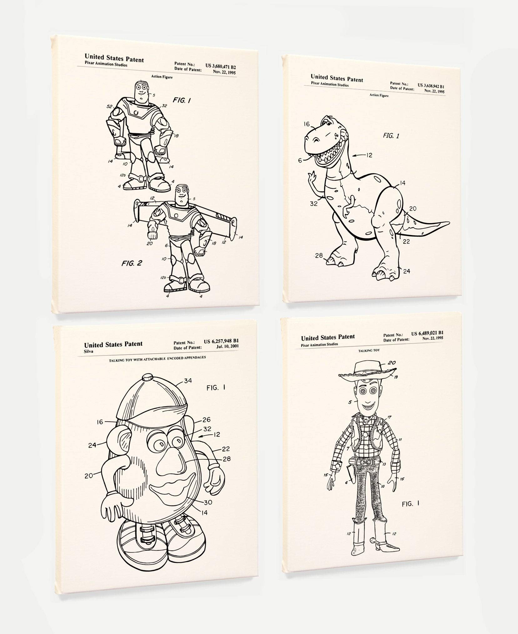 Toy Story Patent Poster Art Set - Buzz Lightyear & Woody Wall Decor for Kids Room & Nursery - 4 Canvas Prints 11x14 Inches - Perfect for Disney Themed Bedroom & Playroom Decor
