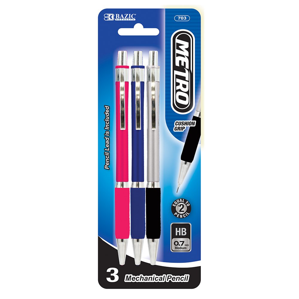 BAZIC Metro 0.7mm Mechanical Pencils - 3 Pack, Premium Drafting Pencils for Writing, Drawing & Sketching - Perfect for Students, Artists & Office Use